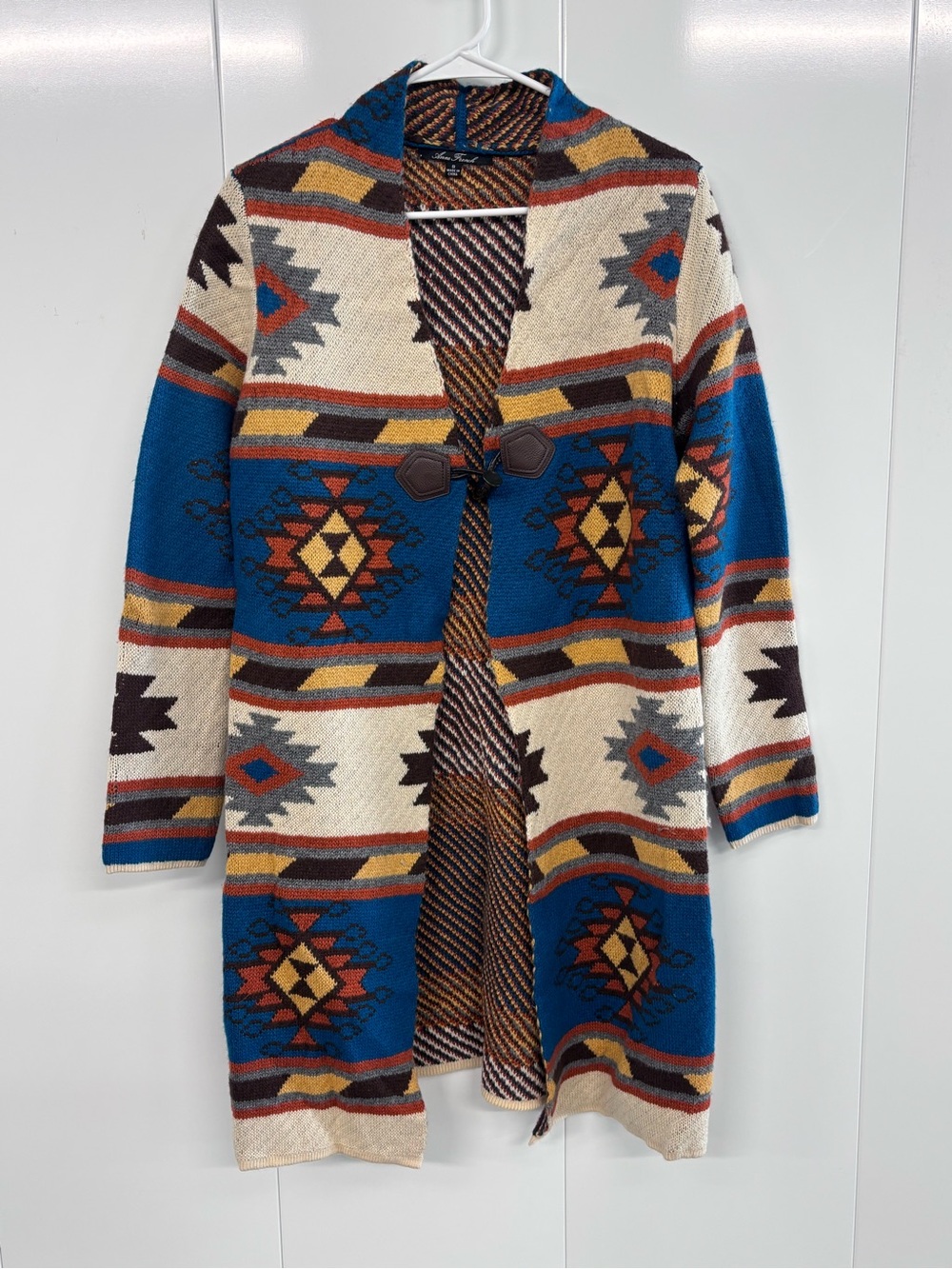 Anne French Aztec Navajo Boho Long Knit Cardigan Sweater Blue Size Small Western